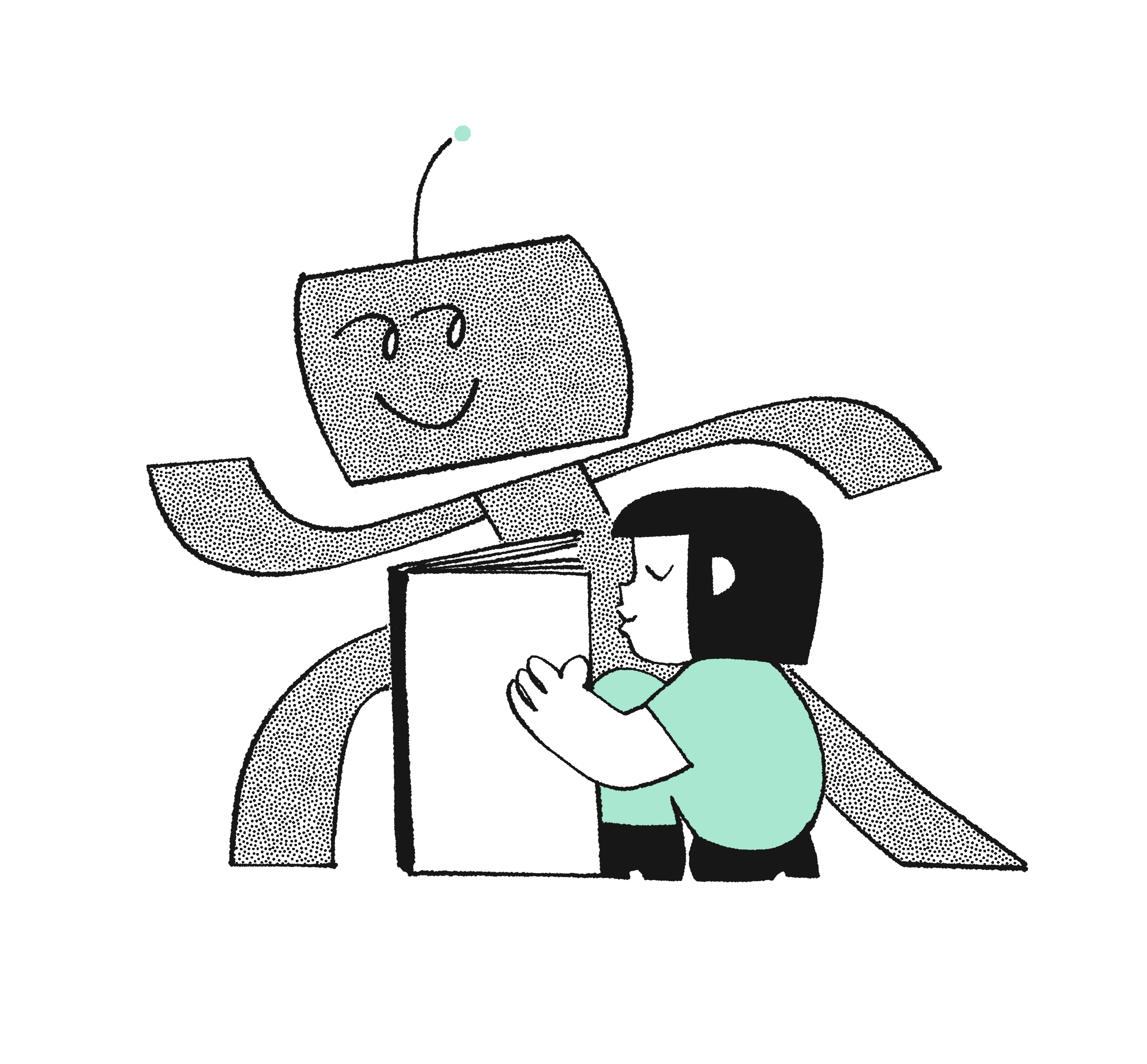 Illustration of a person and robot hugging