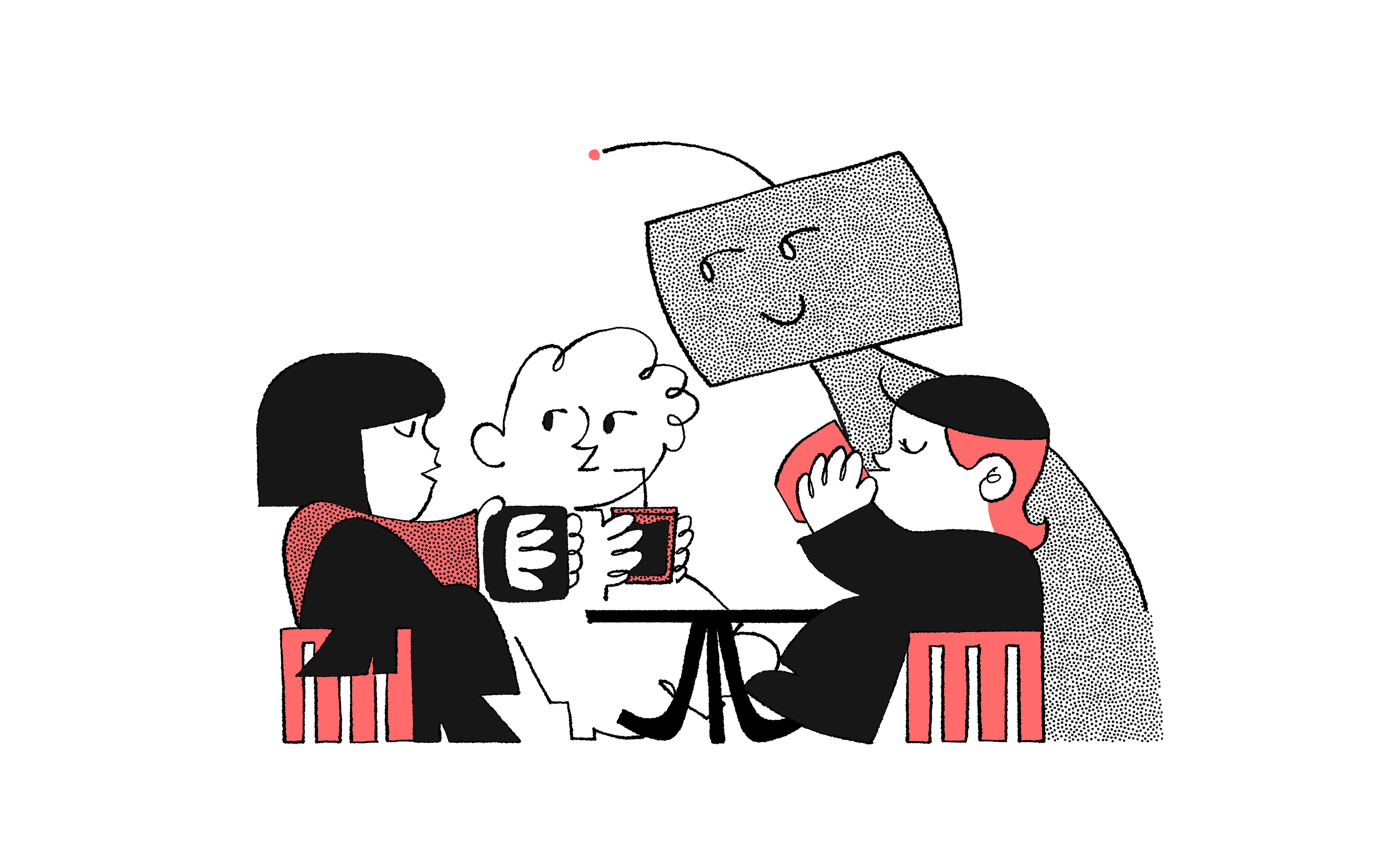 Illustration of people and robot at a cafe