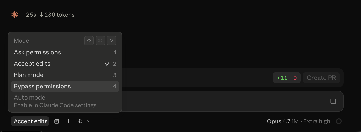 Claude Code Mode menu showing the options Ask permissions, Accept edits, Plan mode, and Bypass permissions