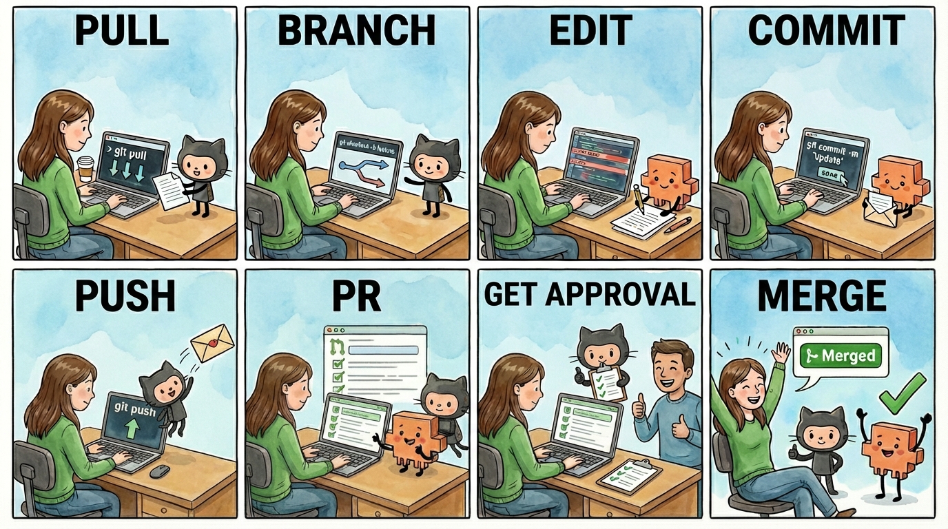 GitHub workflow: pull, branch, edit, commit, push, PR, get approval, merge